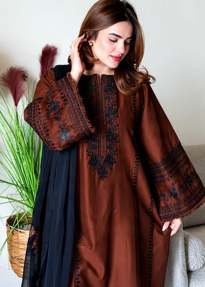 Brown & Black Embroidered 3-Piece Kurta Set with Chiffon Dupatta
