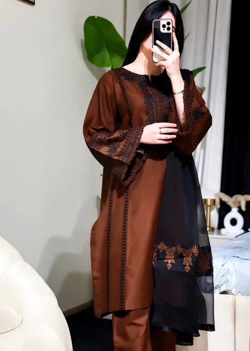 Brown & Black Embroidered 3-Piece Kurta Set with Chiffon Dupatta