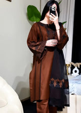 Brown & Black Embroidered 3-Piece Kurta Set with Chiffon Dupatta