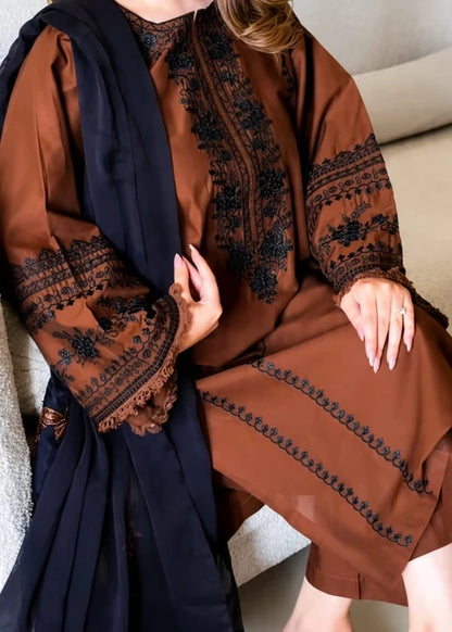 Brown & Black Embroidered 3-Piece Kurta Set with Chiffon Dupatta
