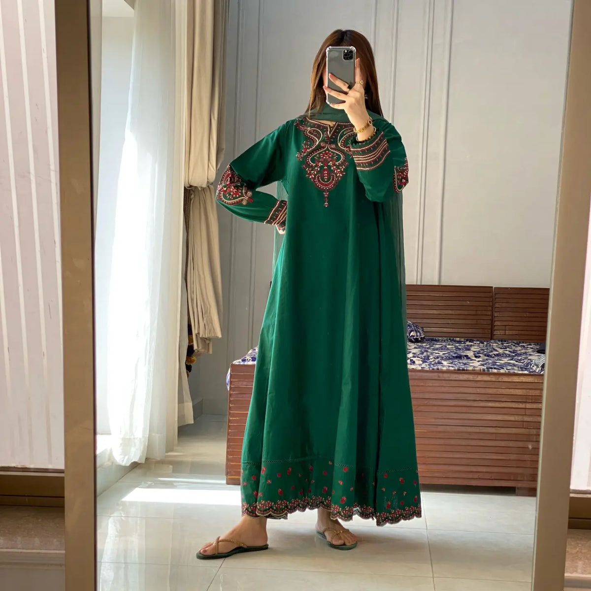 Pishwas Embroidered Forest Green Flared with 3Pc #1