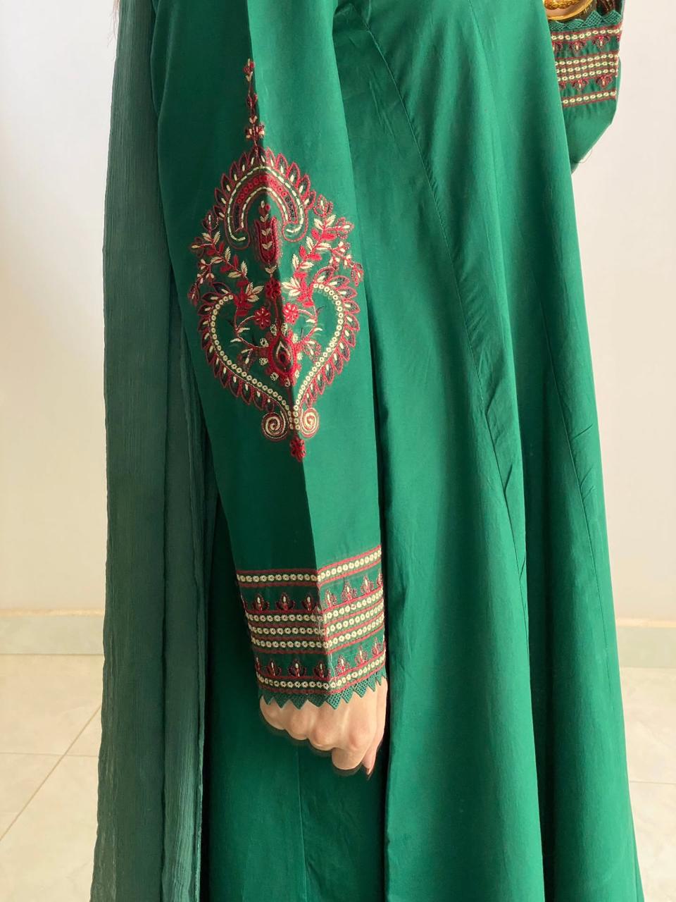 Pishwas Embroidered Forest Green Flared with 3Pc #1
