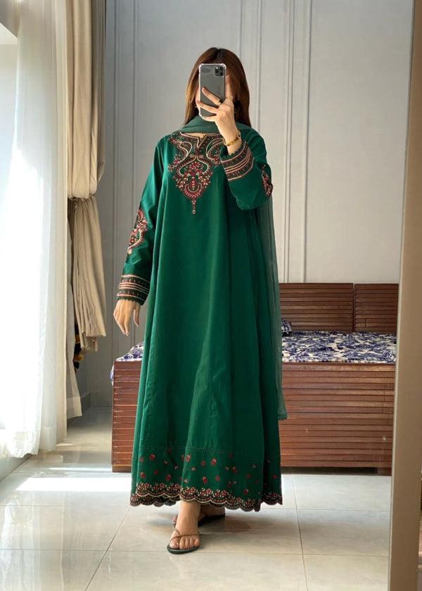Pishwas Embroidered Forest Green Flared with 3Pc #1