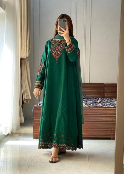Pishwas Embroidered Forest Green Flared with 3Pc #1