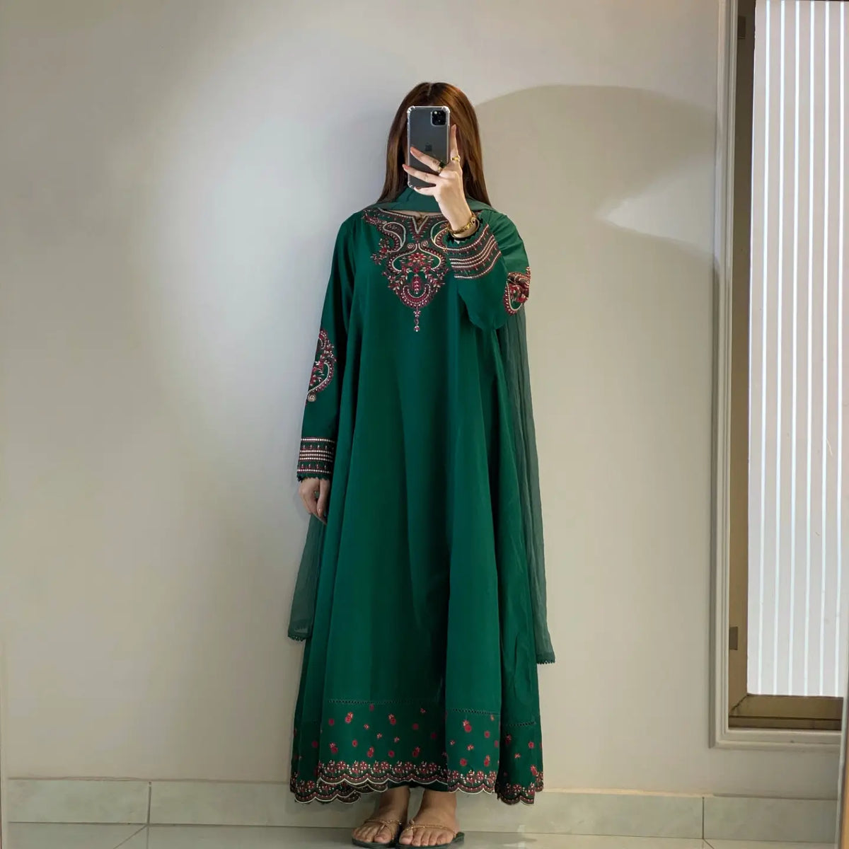 Pishwas Embroidered Forest Green Flared with 3Pc #1