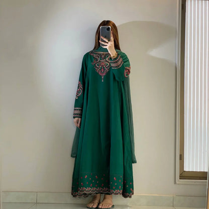 Pishwas Embroidered Forest Green Flared with 3Pc #1