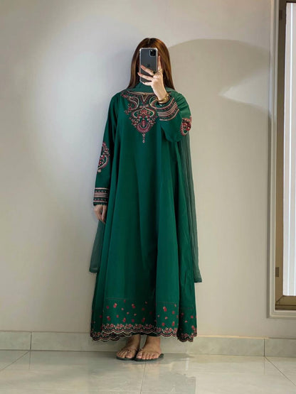 Pishwas Embroidered Forest Green Flared with 3Pc #1