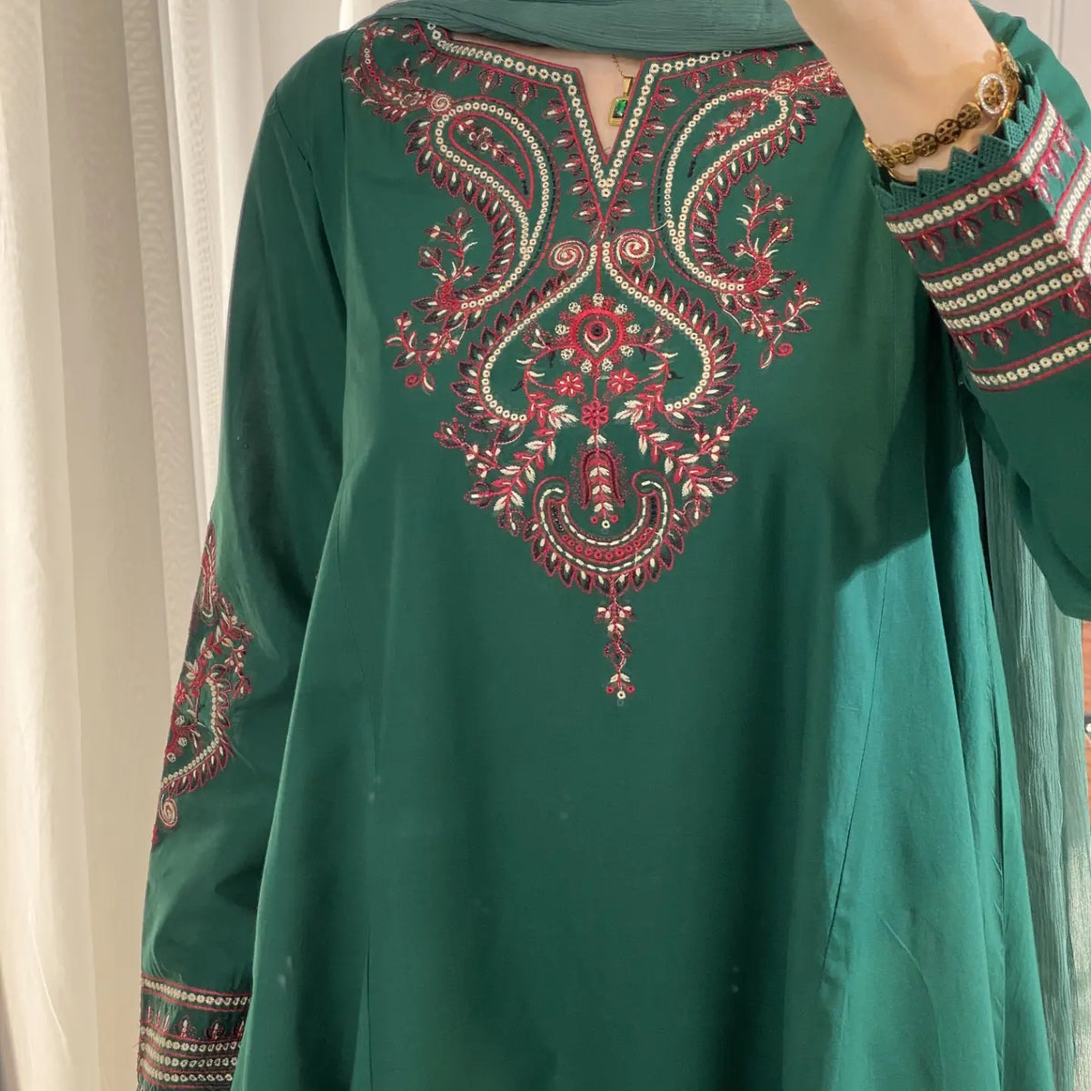 Pishwas Embroidered Forest Green Flared with 3Pc #1