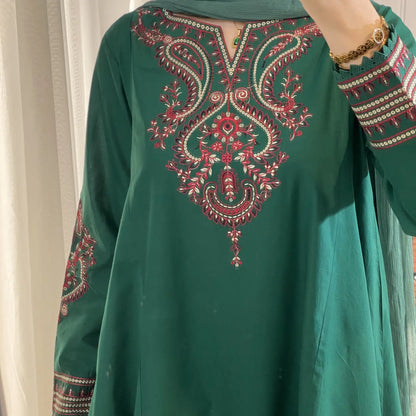 Pishwas Embroidered Forest Green Flared with 3Pc #1