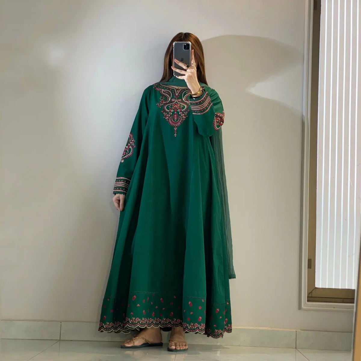 Pishwas Embroidered Forest Green Flared with 3Pc #1